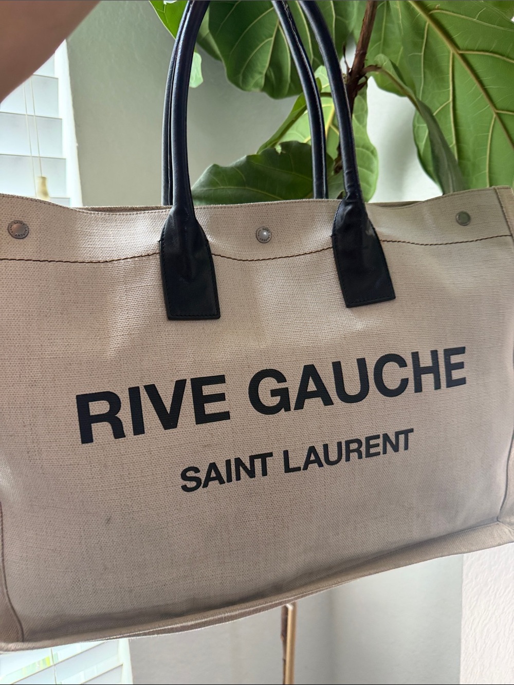 Authentic Saint Laurent Canvas Rive Gauche Tote in Ivory and Black